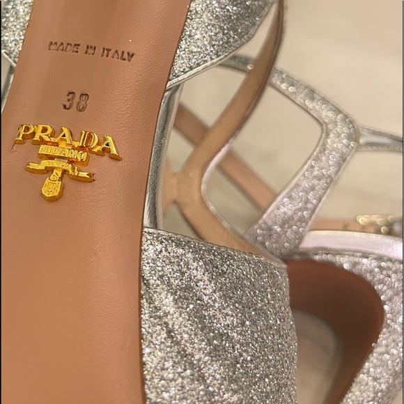 PRADA SILVER GLITTER STRAP PLATFORM SHOES - Picture 12 of 13